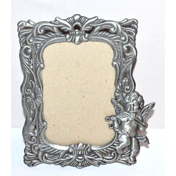Vtg Pewter Angel Cupid  Picture Frame Victorian Style ornate 3X5 - Picture 1 of 10